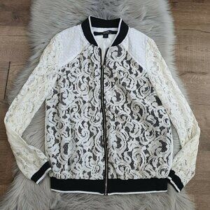 KENSIE White Black Lace Full Zip Bomber Jacket XS